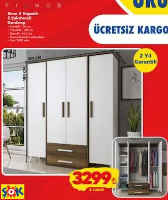 TİAMOB SİREN 4 KAPAKLI 2 ÇEKMECELİ GARDIROP